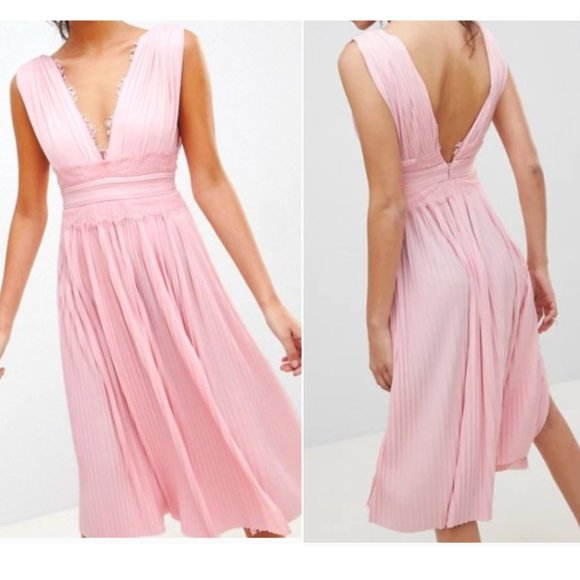 NWT ASOS Premium Pink Lace Pleated Midi Dress - Picture 1 of 7
